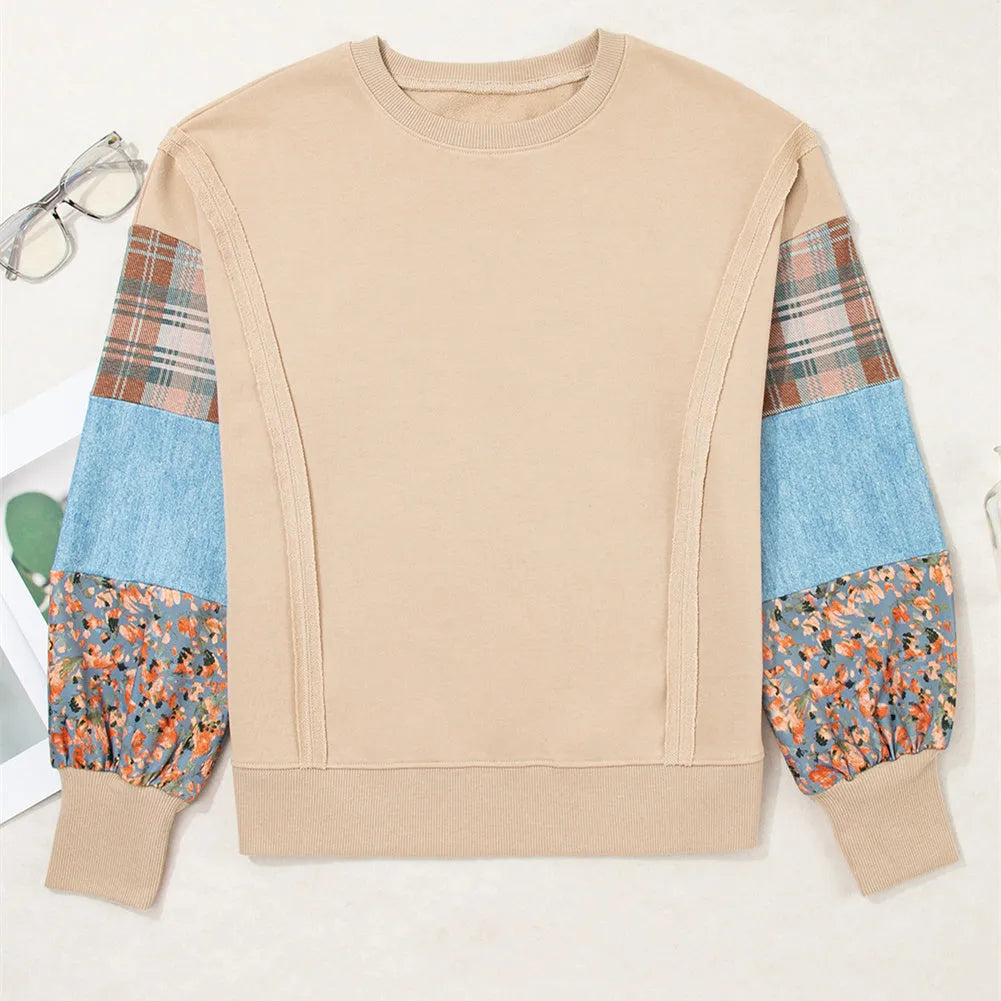 Women's plaid stitching long-sleeved pullover top in apricot and red colours