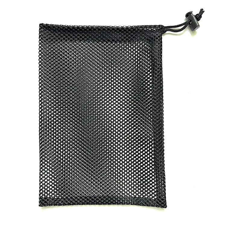 Black drawstring mesh storage bag for children's water ball toys and outdoor play equipment.