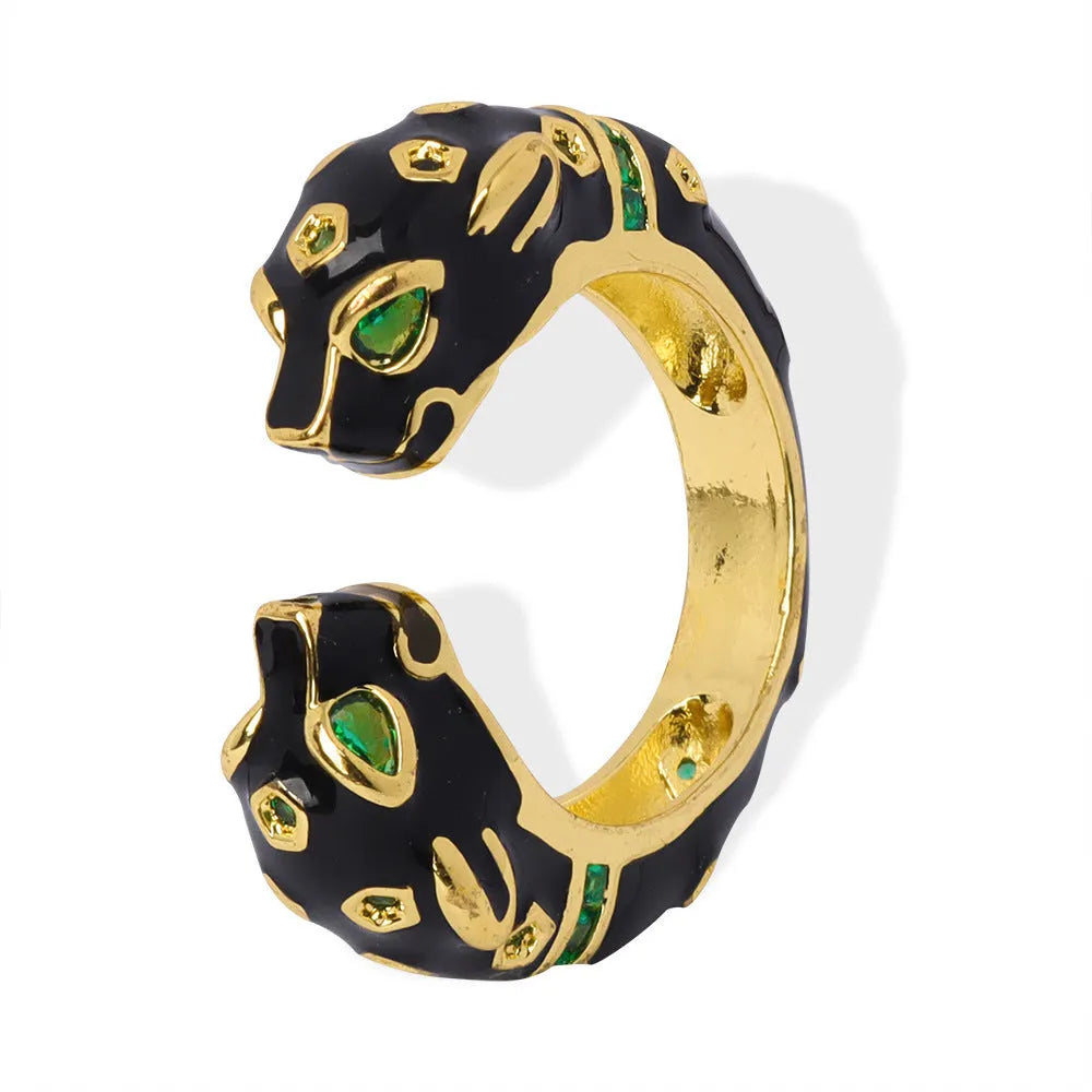 Copper open ring with electroplated black cheetah pattern in geometric shape, size 7