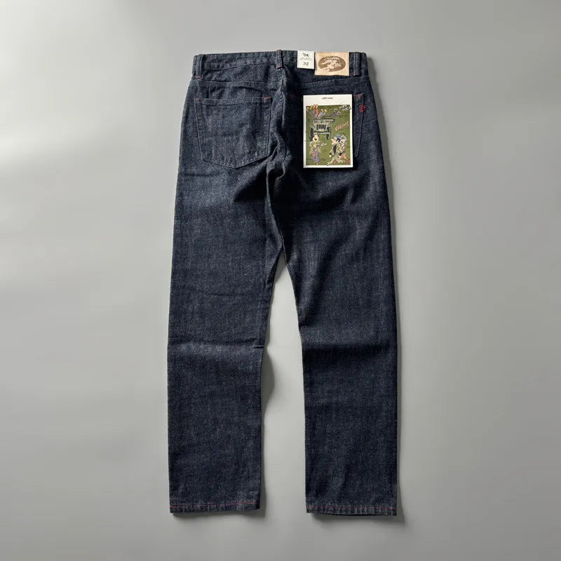 Men's straight-leg denim trousers in primary colour with mid-waist design and classic American retro styling