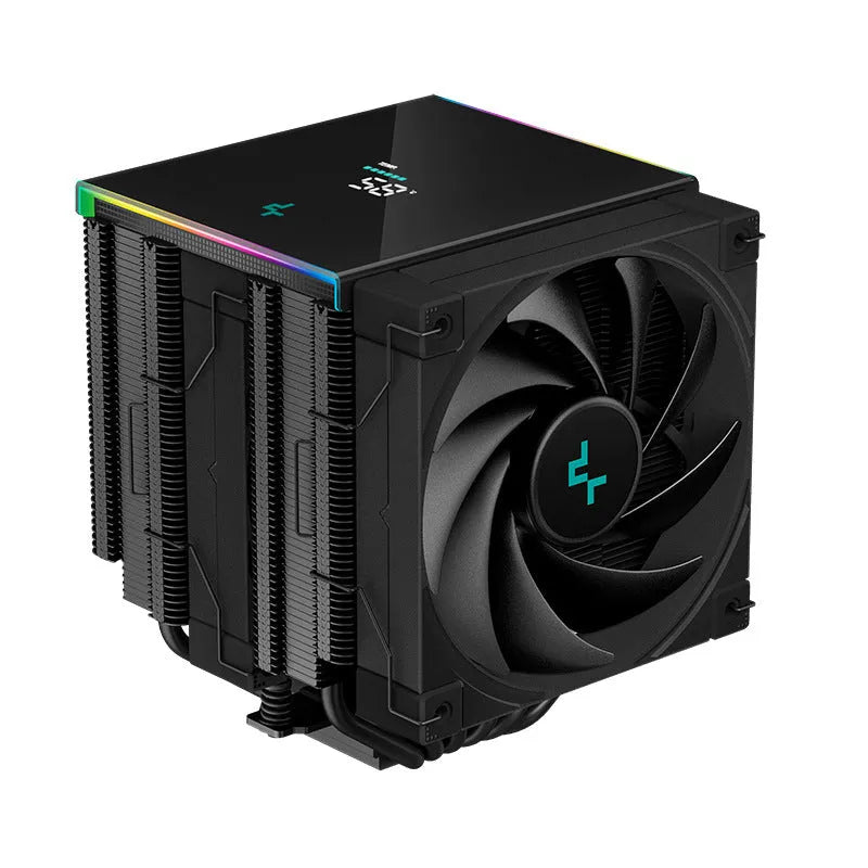 Black and white twin tower CPU air cooler with digital display, showing copper base and aluminium fins.
