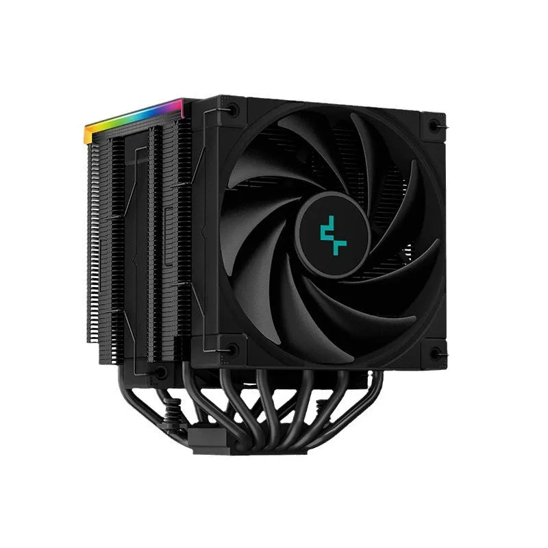 Black and white twin tower CPU air cooler with digital display, showing copper base and aluminium fins.