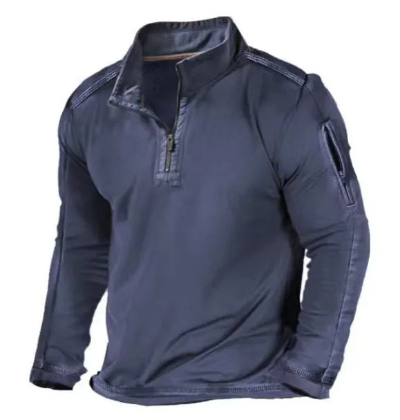 Men's dark coloured zip-up sweater with a stand collar and long sleeves laid flat.