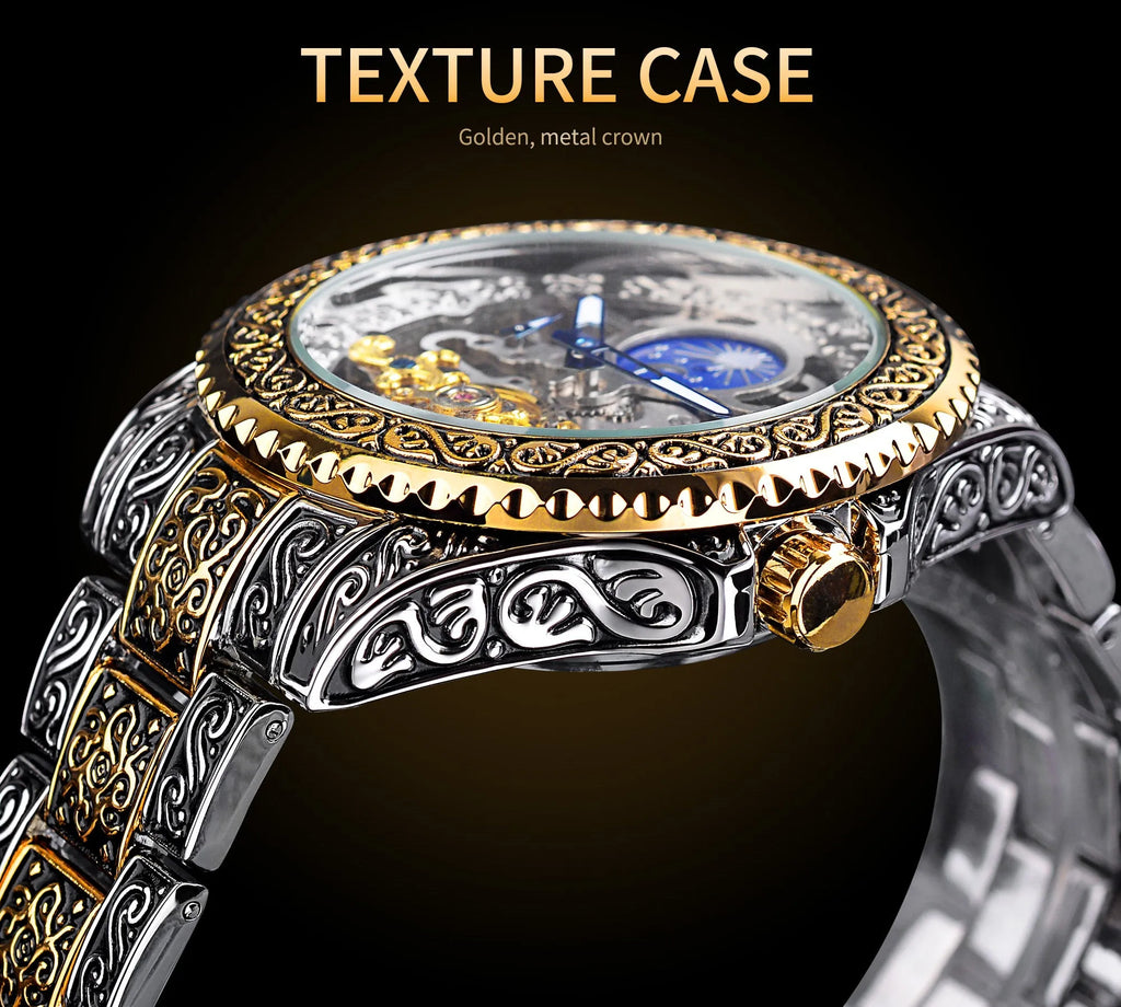 Forsining yellow skeleton tourbillon mechanical watch with stainless steel band