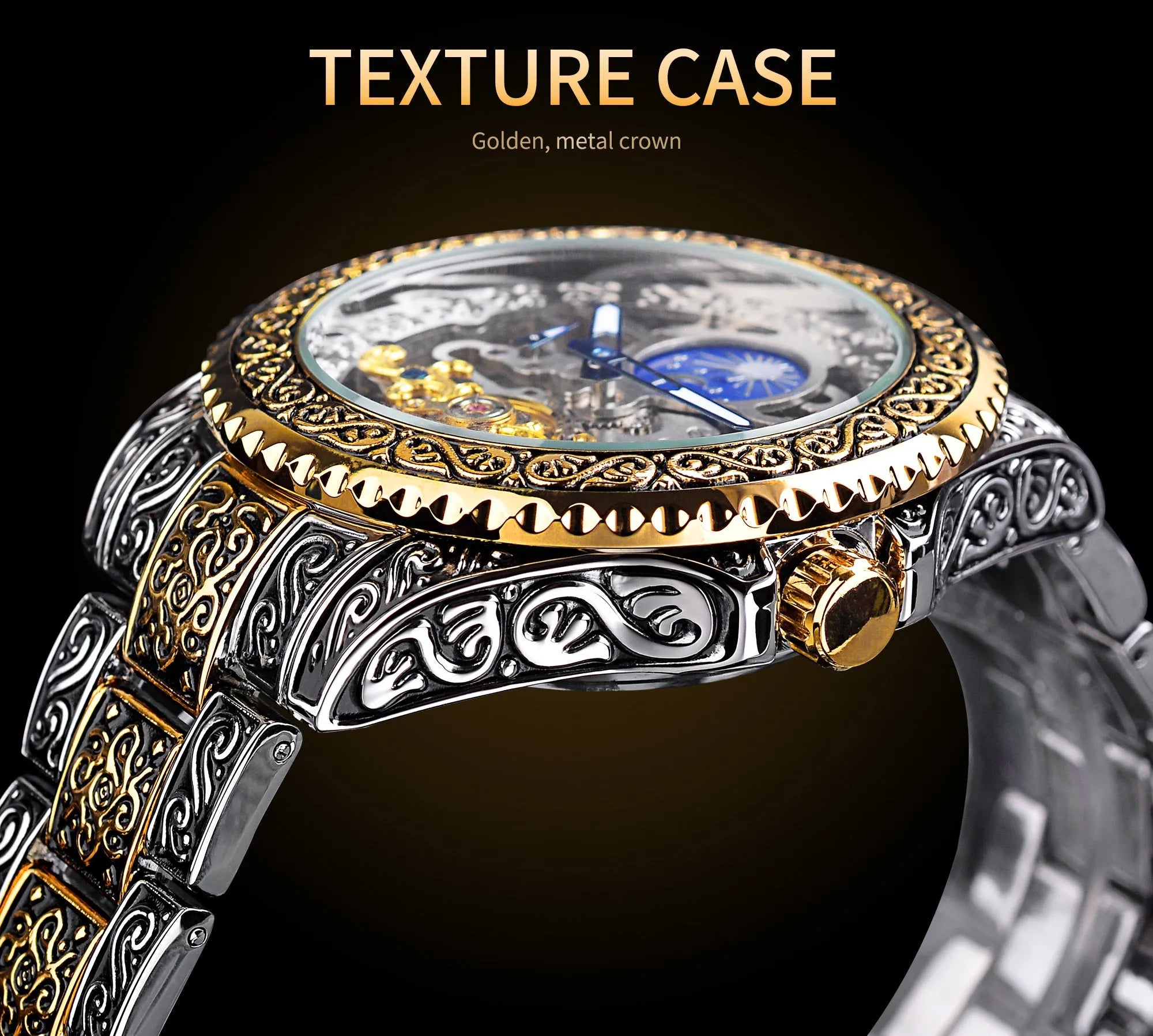 Forsining yellow skeleton tourbillon mechanical watch with stainless steel band