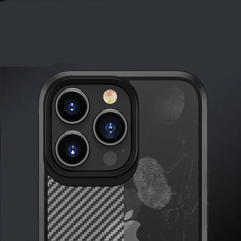 Black and Blue anti-fall protective phone case for Apple iPhone 13 models with carbon fibre pattern.