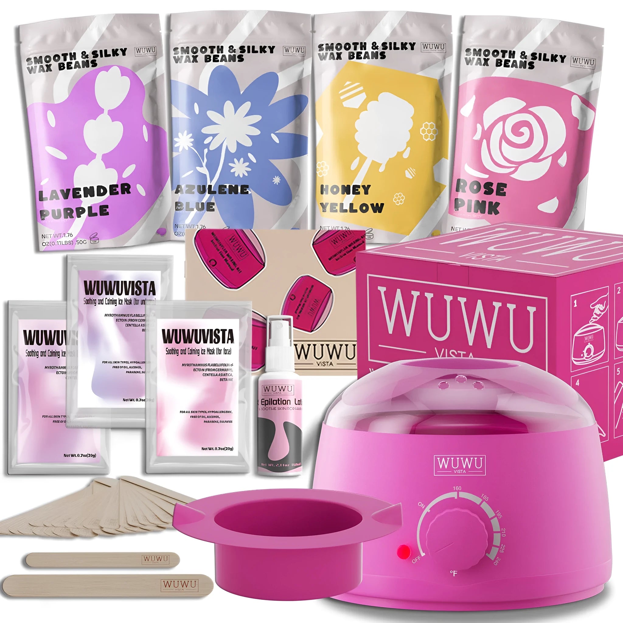 29-piece gold-standard hard wax kit with black wax warmer, coloured wax beads, wax sticks, and aftercare products