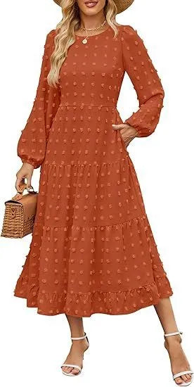Women's autumn casual dress with ruffled long sleeves and high waist in solid colour options