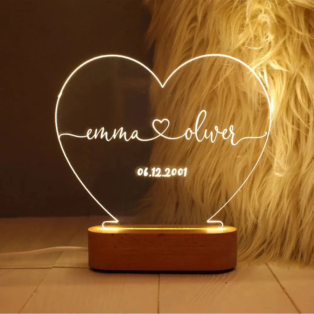 Custom acrylic LED night light with engraved names and date for bedroom