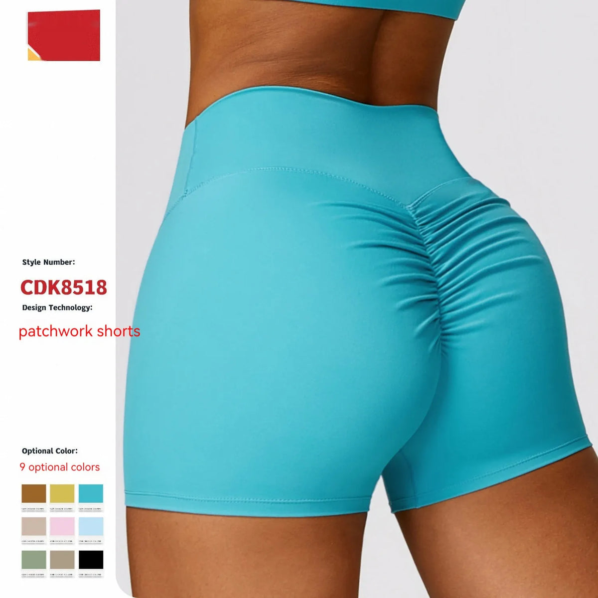 Women's high-waisted nylon yoga shorts in assorted colours on a size chart.