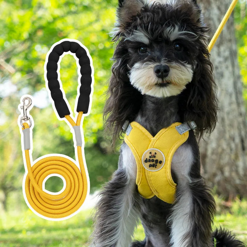 Polyester dog vest and rope leash set in blue, green, pink, or yellow colours