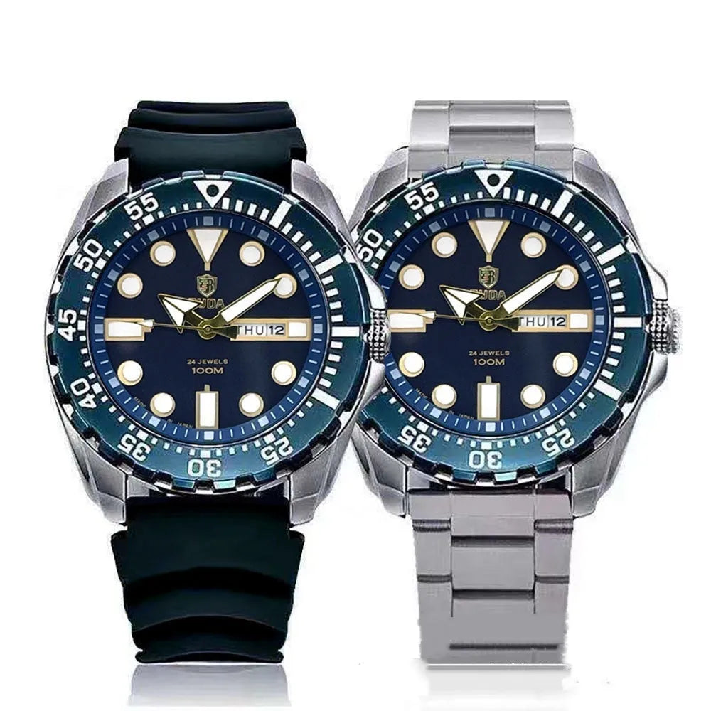 Men's waterproof luminous watch with blue dial on a steel bracelet.