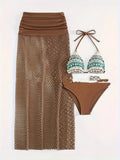 Women's gradient pattern bikini three-piece set with fishnet long skirt in brown colour