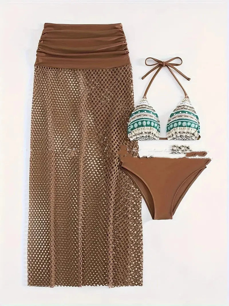 Women's gradient pattern bikini three-piece set with fishnet long skirt in brown colour