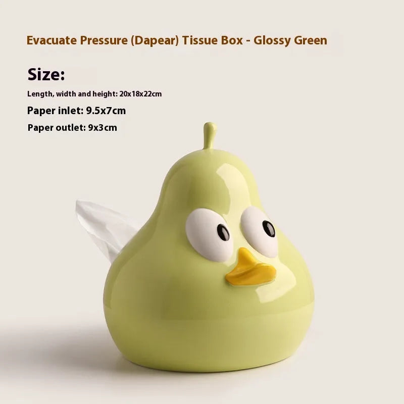 White ceramic pear-shaped tissue box with animal theme in green colour option
