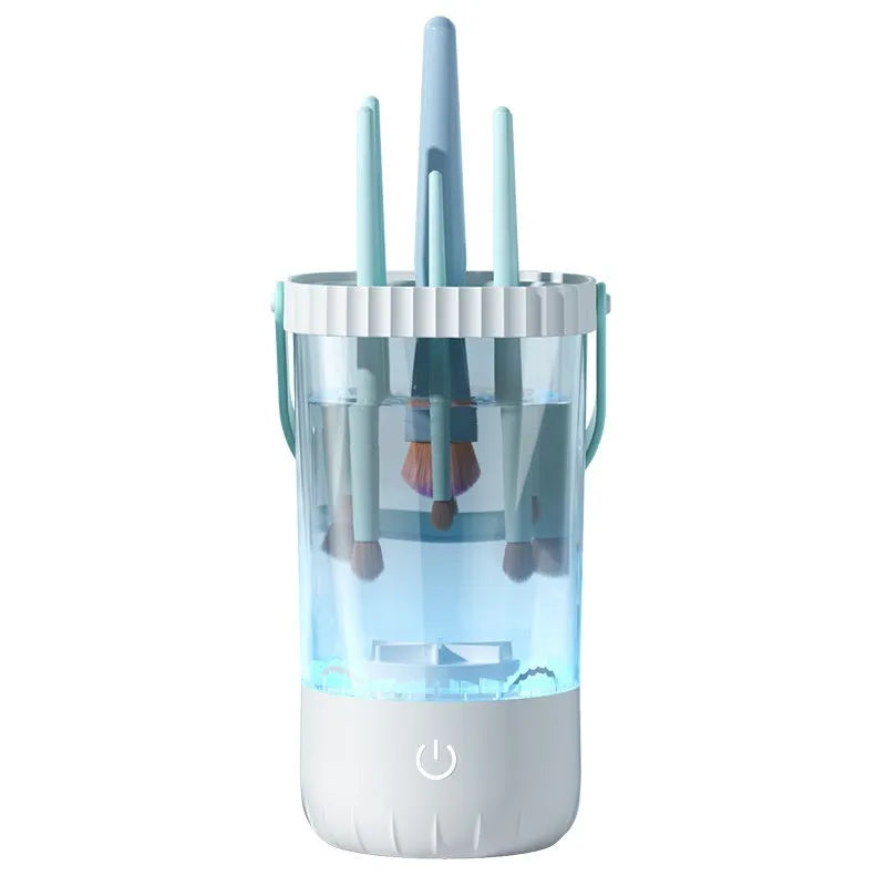 White plastic electric makeup brush cleaner with charging cable