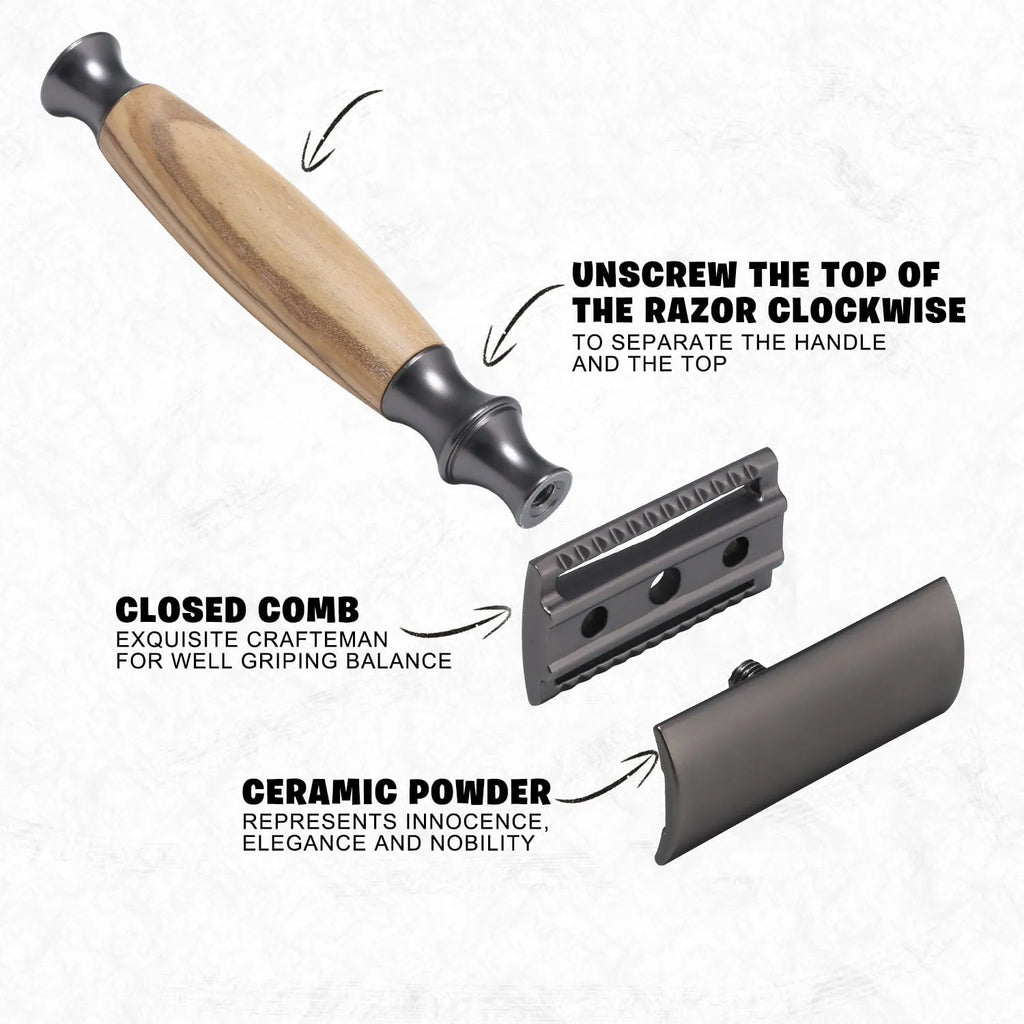 Copper manual razor with olive wood handle and aluminium blade holder on a stand.