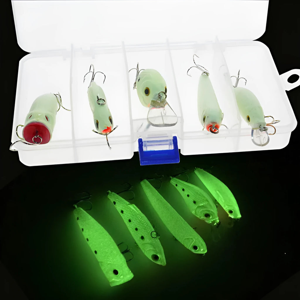 Set of five fluorescent 3D hard bait fishing lures with luminous design for submerged use