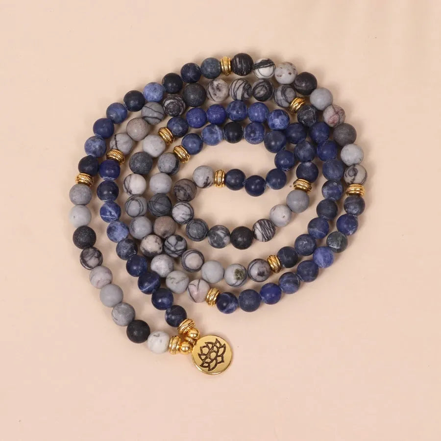 Blue patterned network stone beads on multi-layer alloy bracelet with natural fresh sweet style