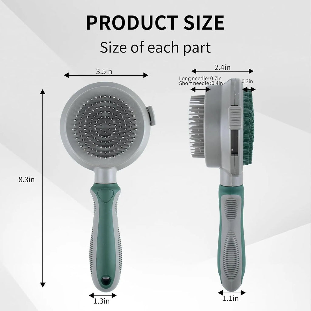 Green and pink dual-sided silicone pet grooming brush with retractable slicker and octopus-toothed massager.