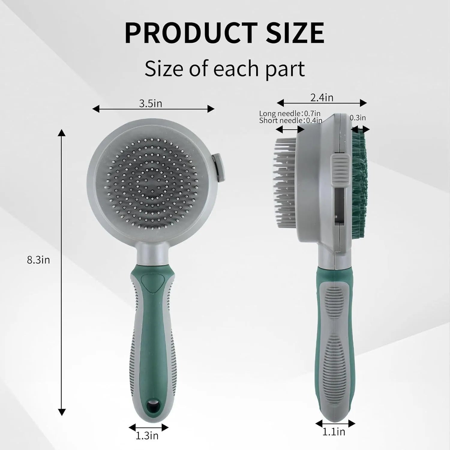 Green and pink dual-sided silicone pet grooming brush with retractable slicker and octopus-toothed massager.