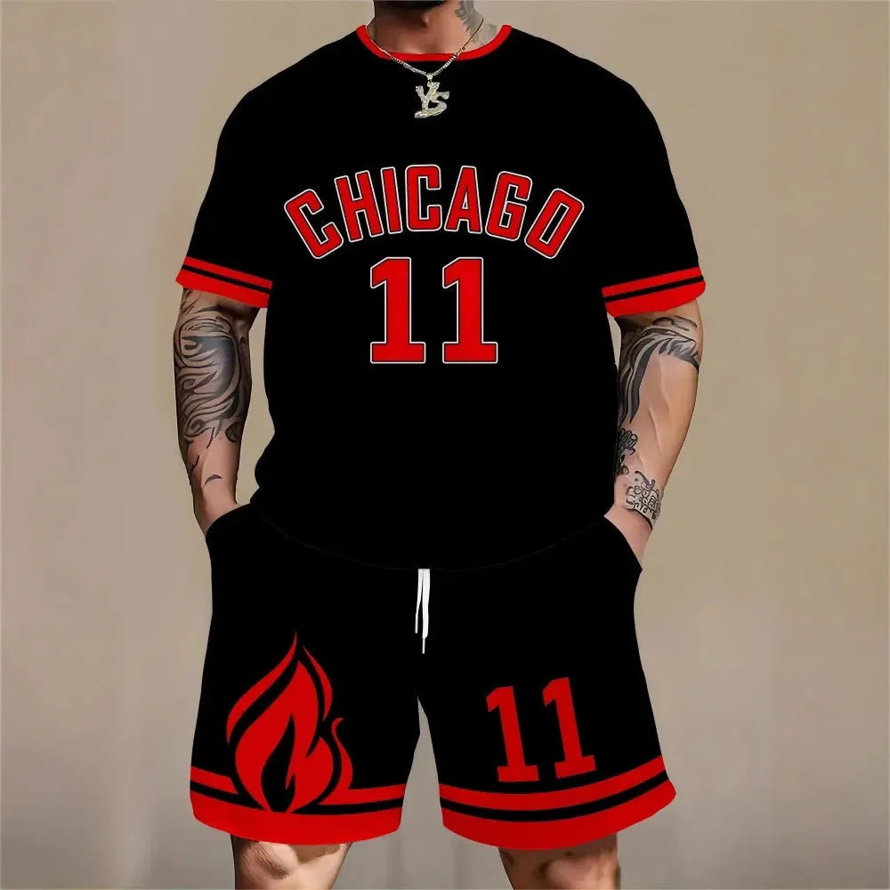Men's 3D printed letter personality suit with short sleeves and shorts in polyester fibre fabric