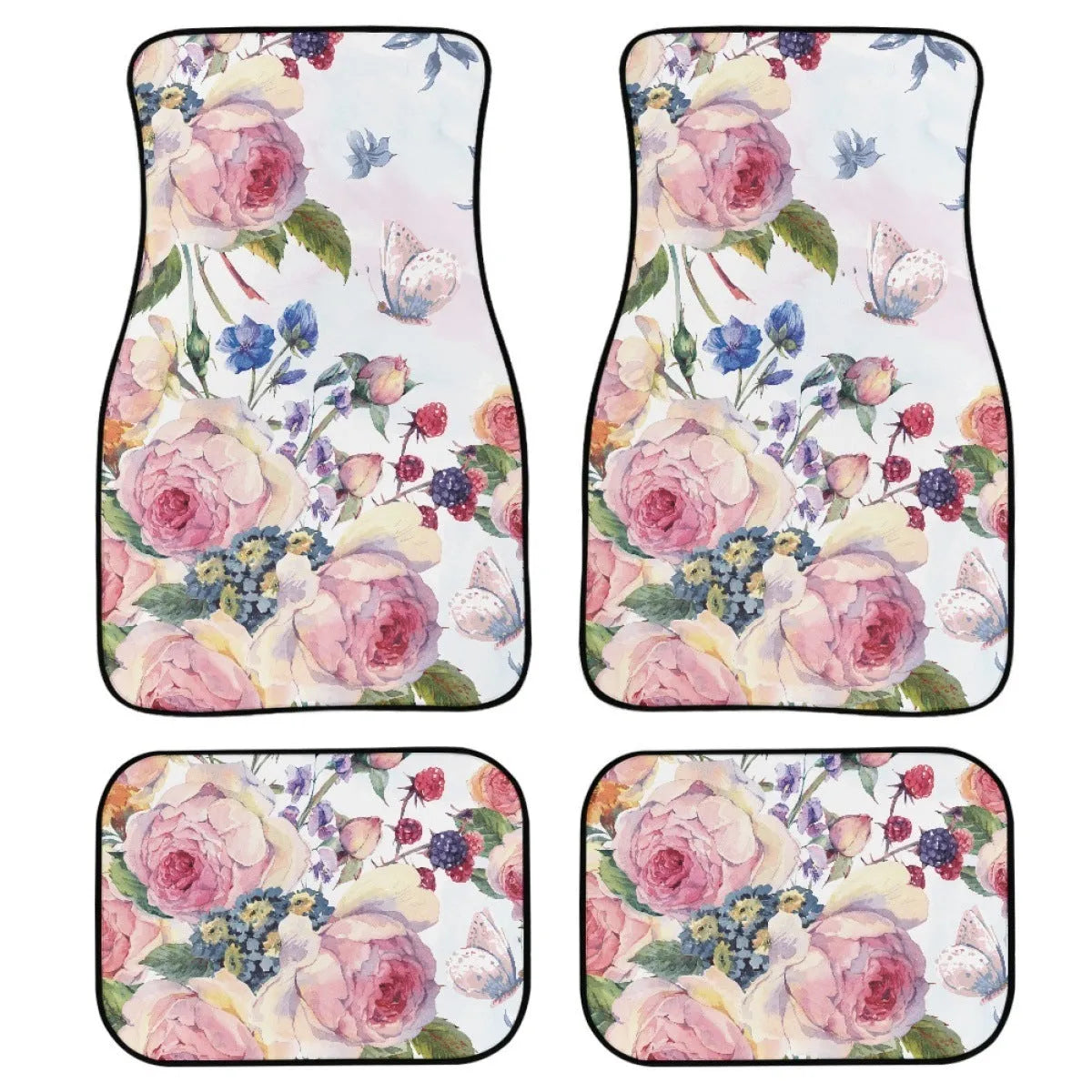 Black printed rubber car floor mat set showing front and rear pieces with textured surface.