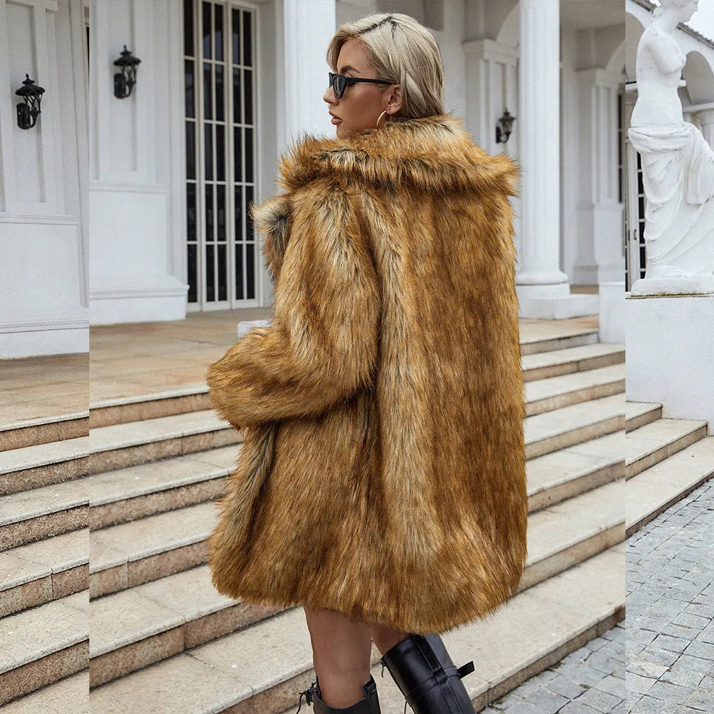 Yellow women's artificial fur coat with loose fit and regular sleeves, 80cm length