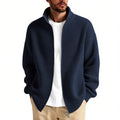 Men's loose grey cardigan sweater coat on a hanger