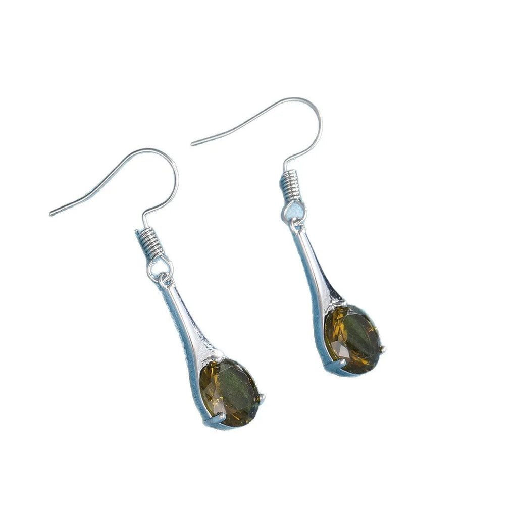 Olive green topaz coloured drop earrings with water drop shape and electroplated finish