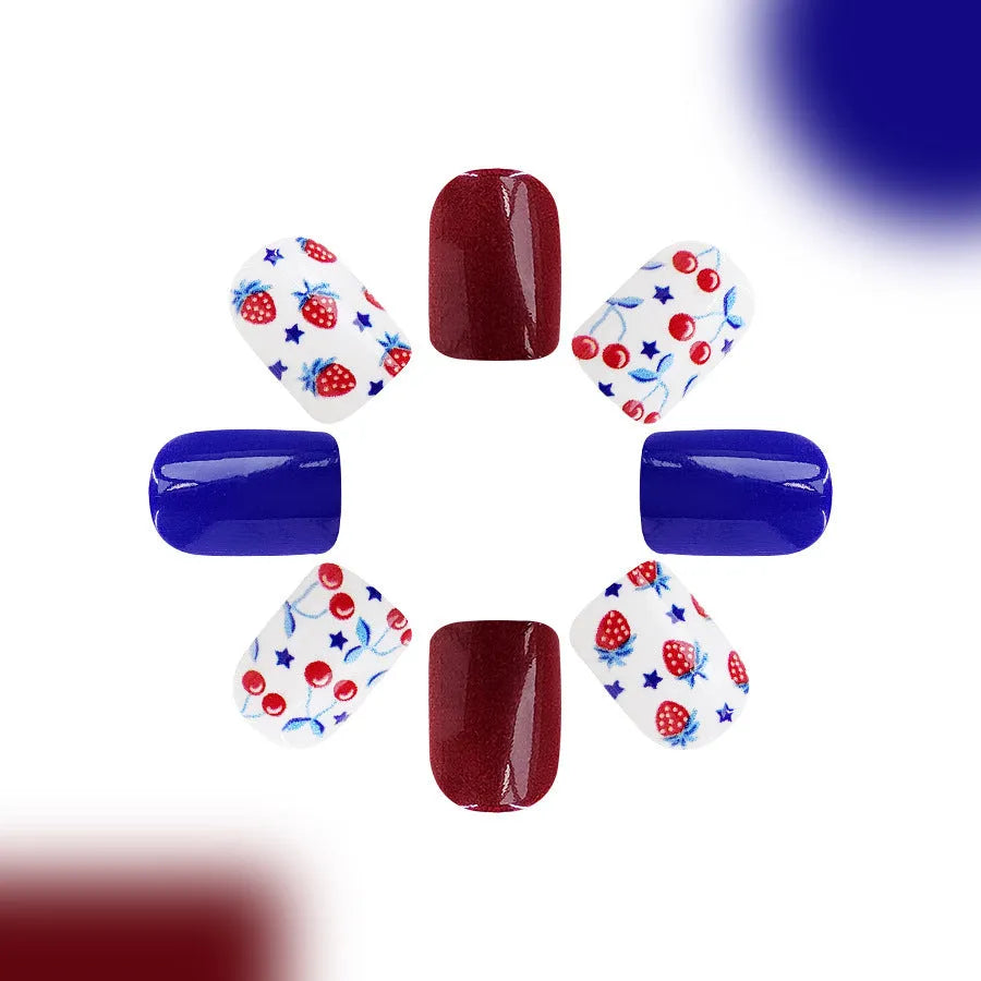 Short glossy red and blue strawberry cherry nail stickers for independence day manicure 24 pieces
