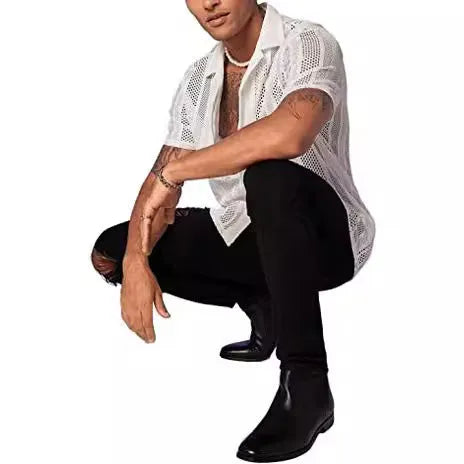 Men's white knitted short-sleeve button shirt with jacquard texture and regular fit