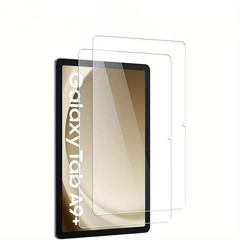 Two tempered glass screen protectors for Samsung Galaxy tablets in a leather bag.