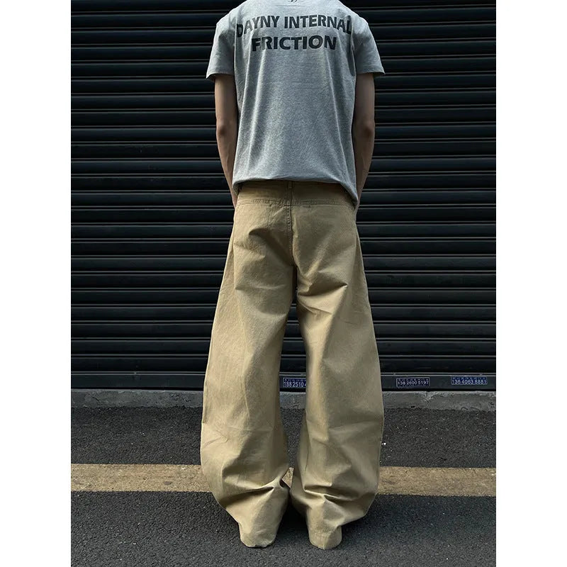 Men's khaki cotton straight-leg trousers in American retro style displayed flat