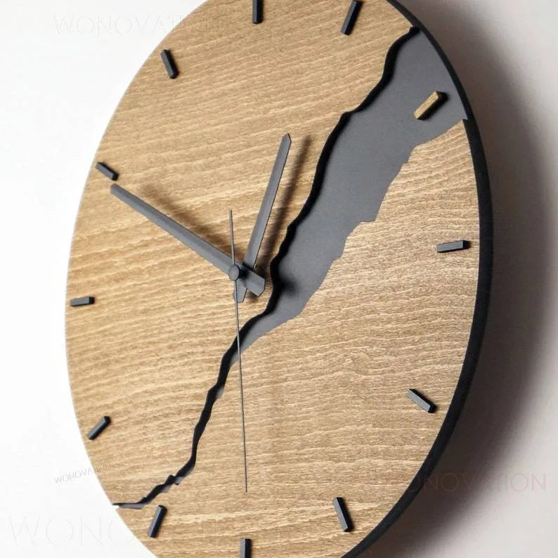 Modern wooden wall clock with crack-effect design on circular 30cm face