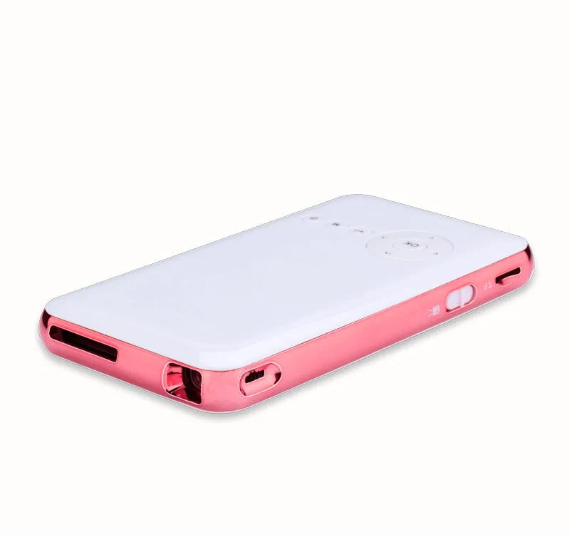 White rose gold miniature DLP projector measuring 145mm with Android connectivity and 32GB memory
