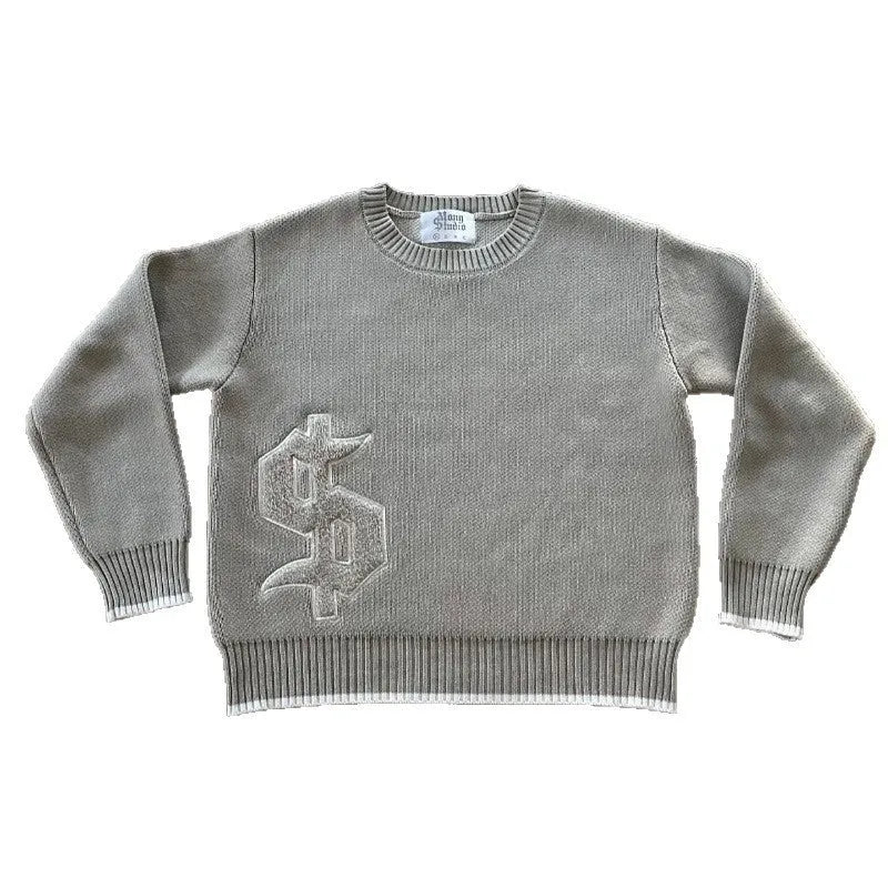Grey loose-fitting jacquard knitwear coat with long sleeves for autumn and winter