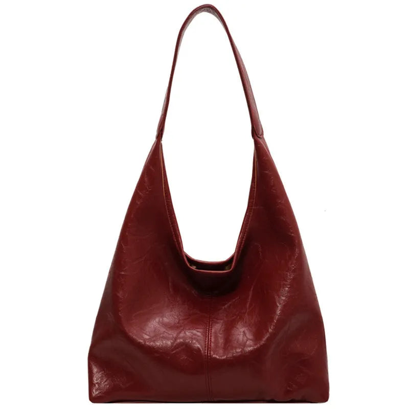 Soft PU leather shoulder bag with large capacity and sewing thread street trend detailing