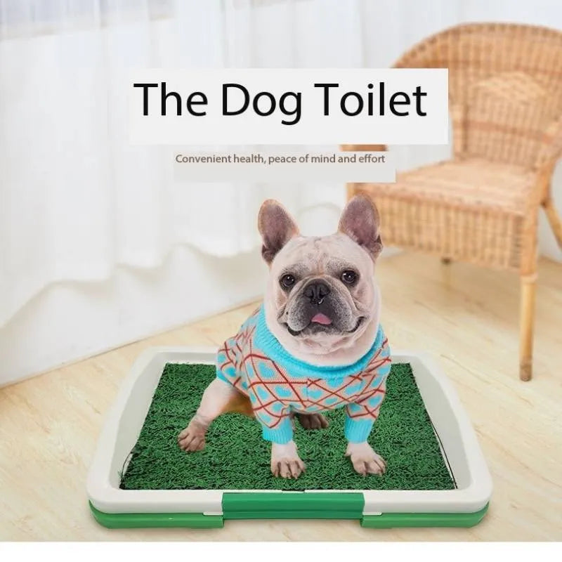 Green synthetic turf dog toilet training tray with removable plastic waste container