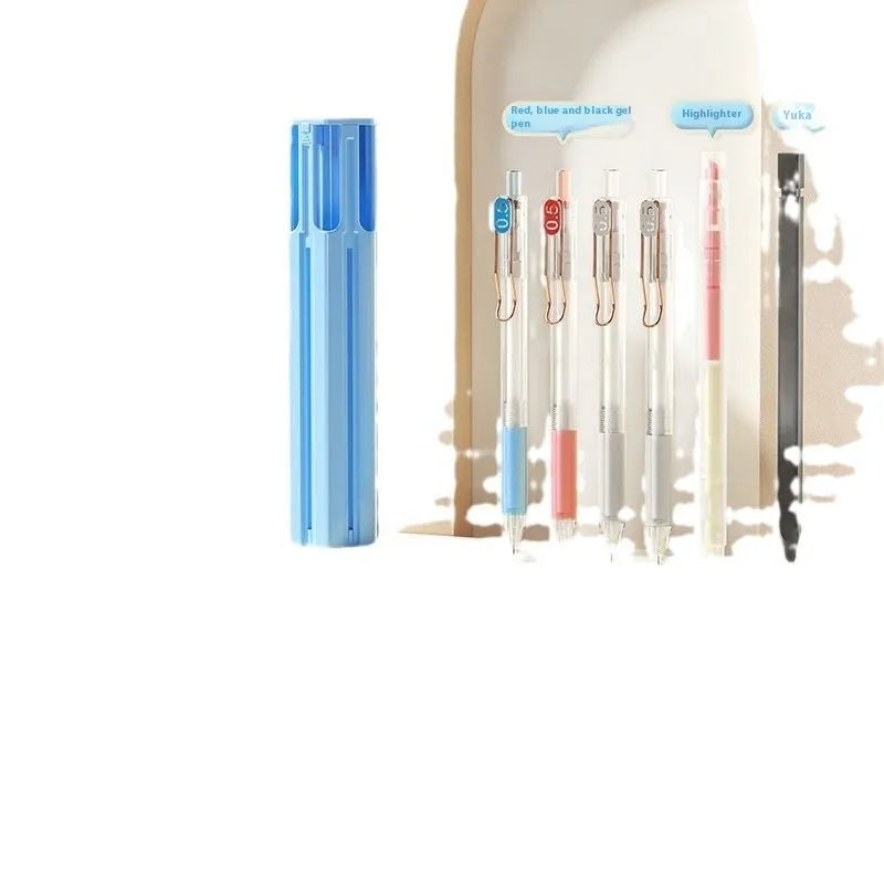 Plastic six pen pressing pencil case in white, blue or pink colour options