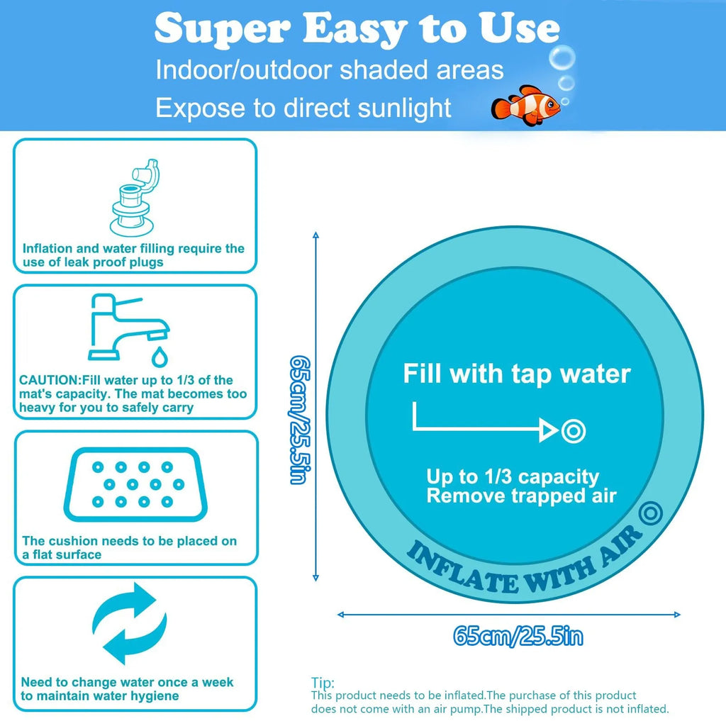 Water sensory playmat for cats with floating toys in ocean theme design on blue PVC surface