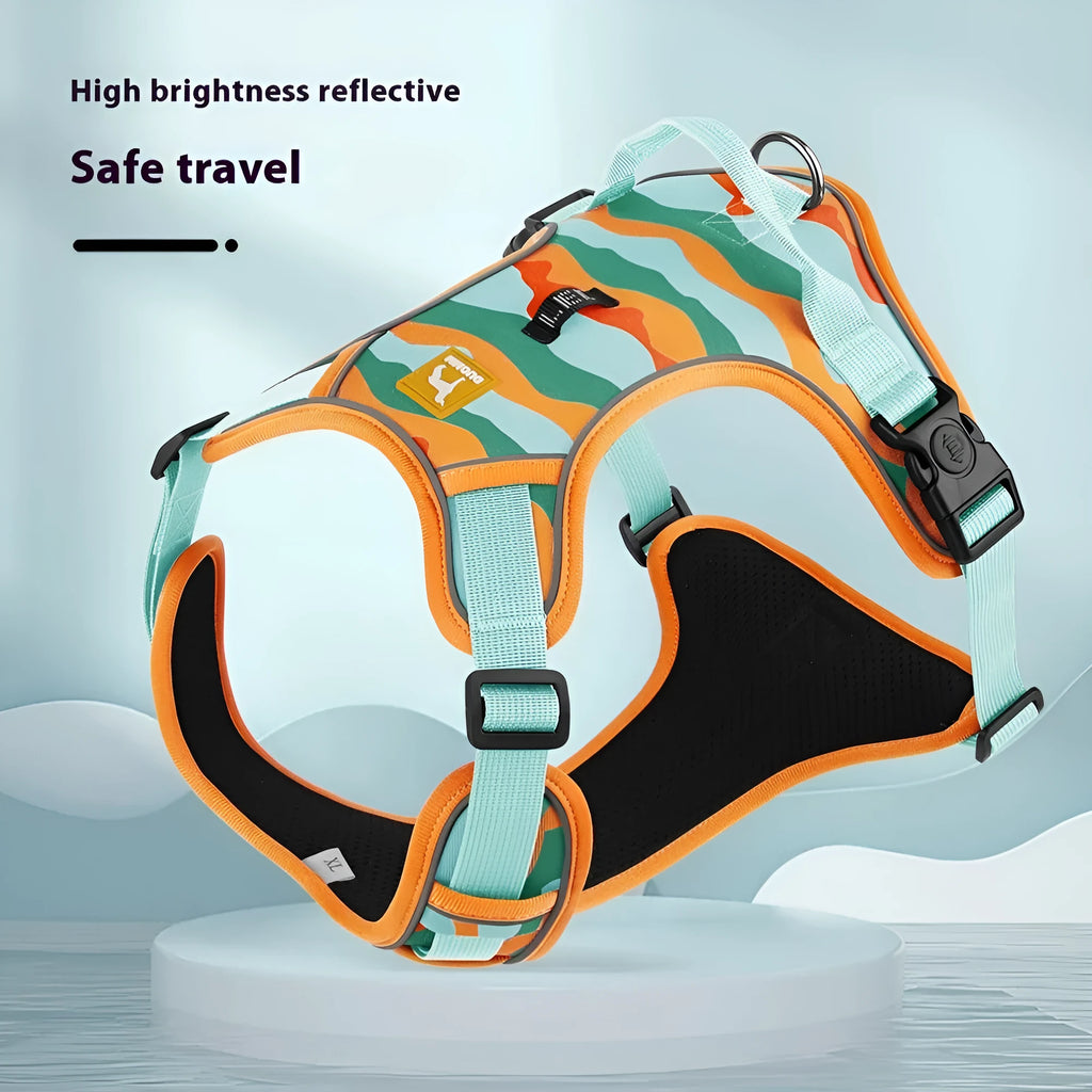 Reflective dog walking harness with chest and back design in oxford cloth construction