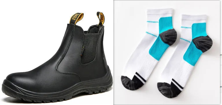 Black leather safety boots with high-top design and steel anti-piercing midsoles for workplace protection
