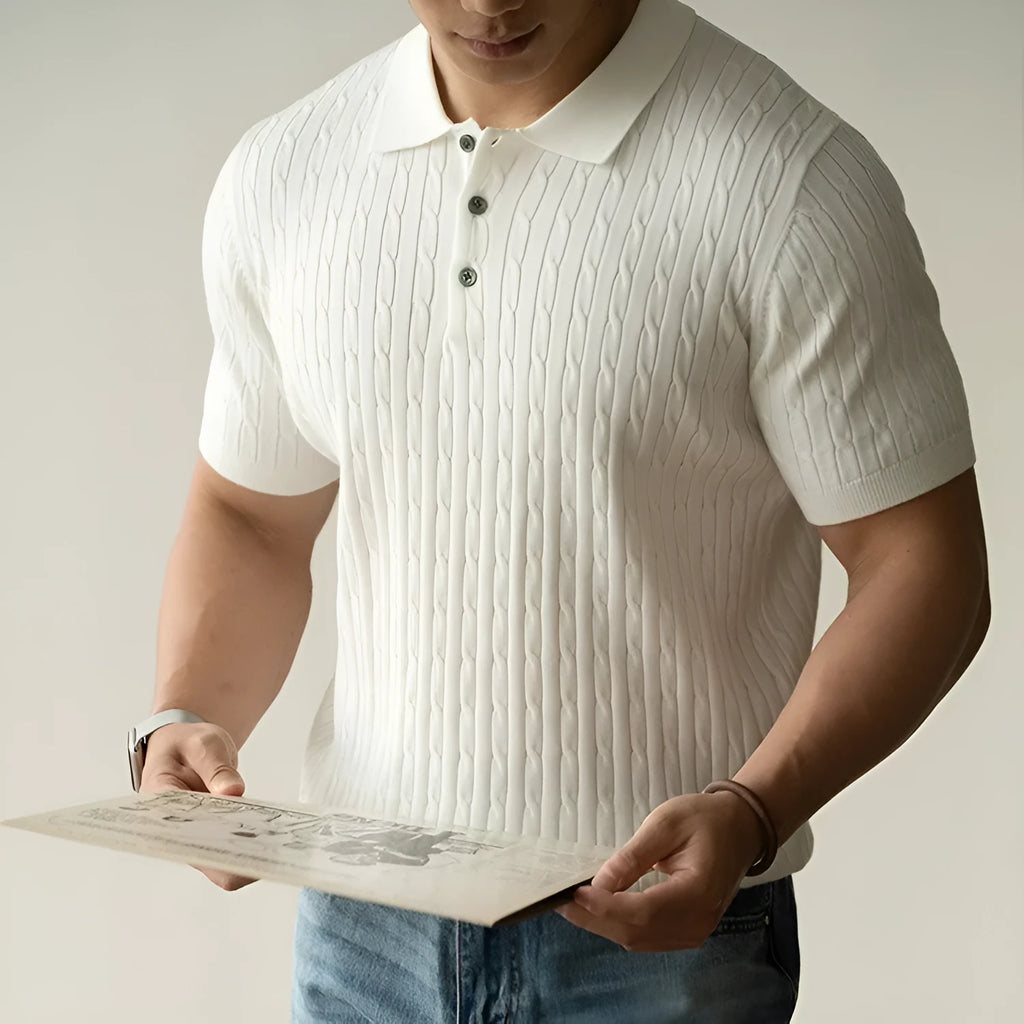 Men's khaki short-sleeve business top on a hanger.