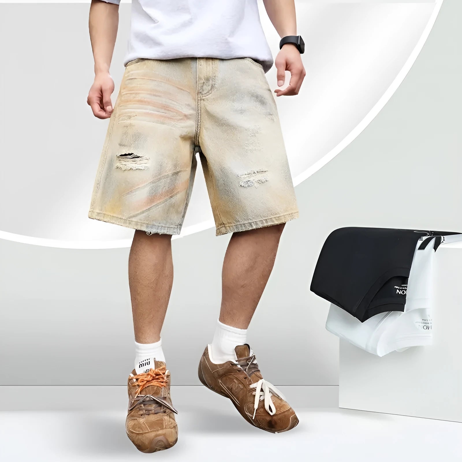 Men's light blue ripped denim shorts with straight leg style and mid-waist fit