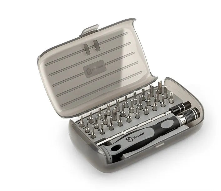 32-in-1 screwdriver set with PH1 bits in plastic storage case, dimensions 130x75x37mm