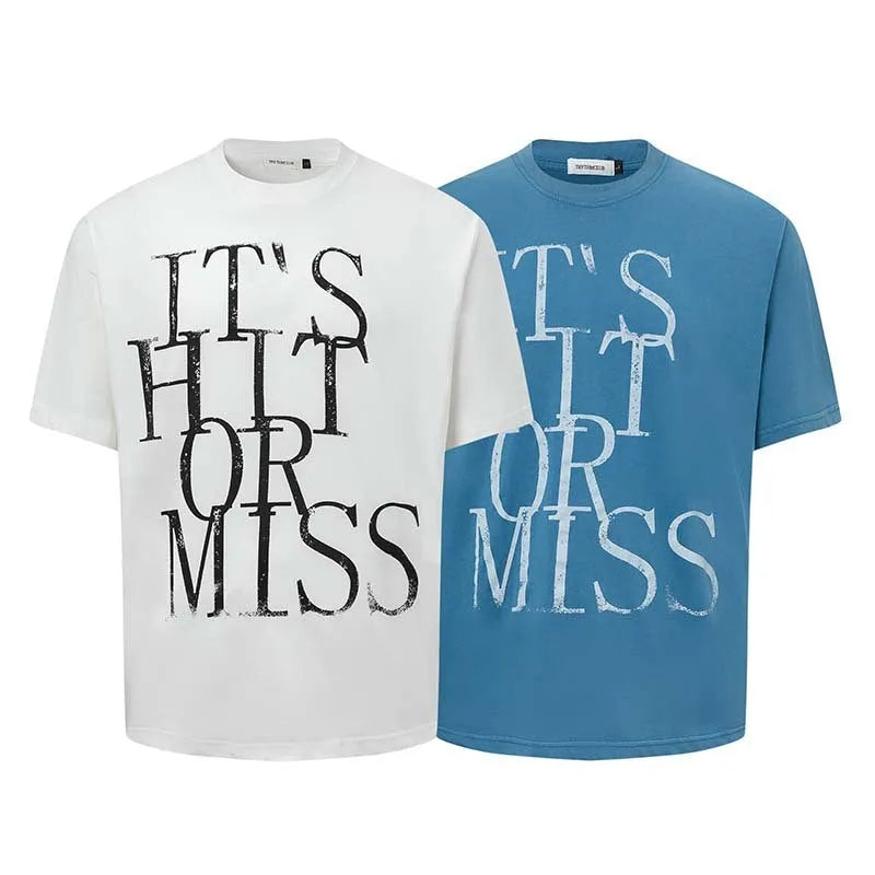 Men's blue American retro letter print loose t-shirt on a hanger.