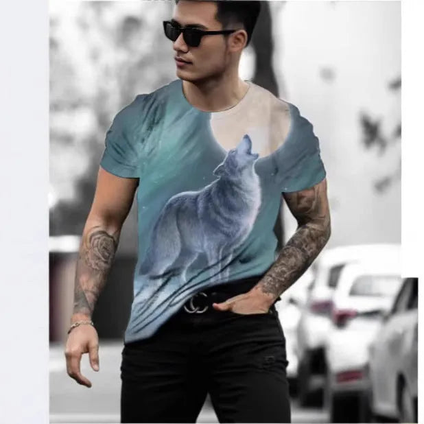 Men's retro style 3D animal print short sleeve t-shirt on a hanger