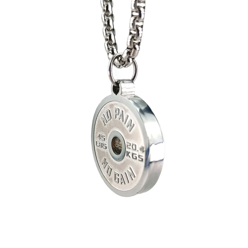 Polished stainless steel barbell disk pendant necklace with a choice of pearl, gold or black 60cm chains.
