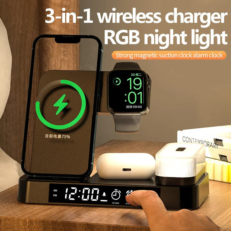 White 4-in-1 wireless charging station with foldable phone stand, LED clock display, and Apple Watch cable.